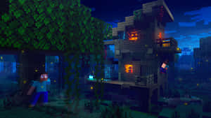 夜晚在像素化森林中發光樹屋附近的Minecraft角色。 — 女巫 壁紙