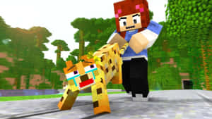 Minecraft玩家在森林中抱著一隻哭泣的獵豹。 — 我的世界苦力怕 壁紙