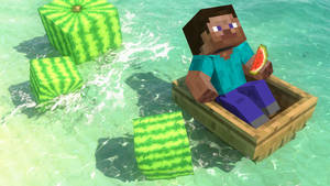 Minecraft角色在船裡吃西瓜，在清澈的水上 — 我的世界 史蒂夫 壁紙