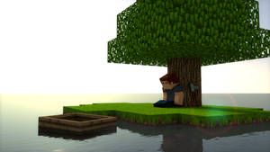 Minecraft角色坐在水中草島上的樹下。 — 我的世界 壁紙