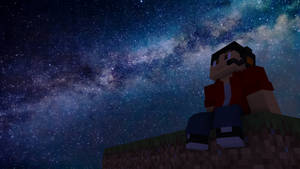 Minecraft角色坐在方塊上，在銀河系繁星夜空下