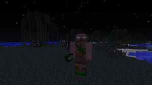 Minecraft角色在夜晚的黑暗森林中，有發光的水和星星 — 星海爭霸 壁紙