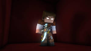 Minecraft角色在暗紅色房間中手持發光鑽石劍 — 電玩遊戲 GIF 壁紙