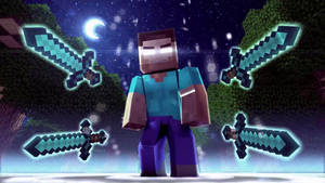 Minecraft角色被發光的鑽石劍包圍在星空下。 — 電玩遊戲 GIF 壁紙