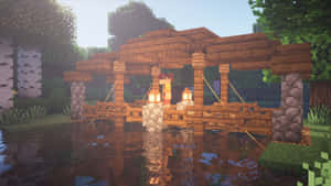 Minecraft角色在像素化森林中，水上的燈籠木橋下。 — 塔橋 壁紙