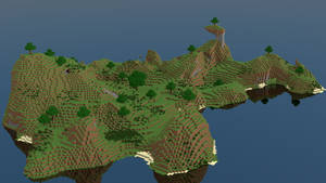 Minecraft風格的漂浮方塊島嶼，有綠色山丘、樹木和懸崖。 — 我的世界 壁紙