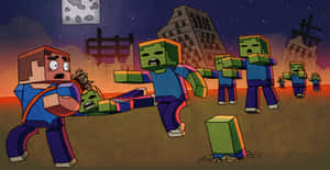 Minecraft玩家在毀滅的城市中與殭屍戰鬥。 — 我的世界苦力怕 壁紙