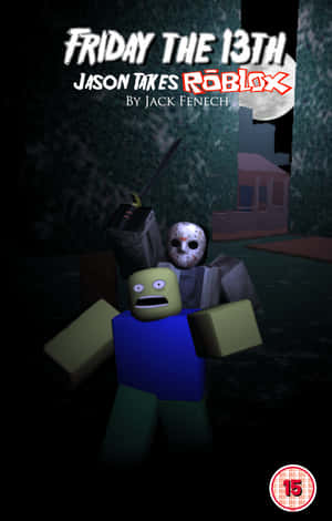 Roblox Jason Voorhees在滿月下拿著砍刀對著一個受驚的角色。 — Infinix Xpad 20 壁紙