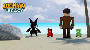 Roblox角色和三隻生物在陽光明媚的海灘上，靠近海洋和棕櫚樹 — 洛米安傳奇 壁紙