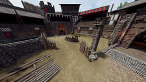 中世紀石頭和木質堡壘庭院，帶有紅色和黑色旗幟。 — 電玩遊戲 GIF 壁紙