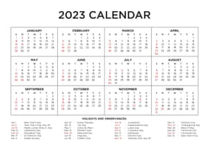 2023年月曆，假期列在每月網格下方。 — 三月 壁紙