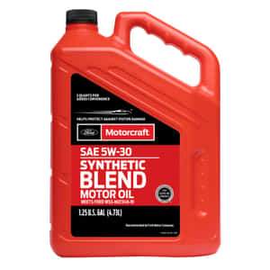 紅色福特 Motorcraft 合成混合機油壺，帶有黑色標籤。