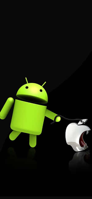 綠色Android吉祥物在黑色背景上拉動一個被咬過的Apple標誌。 — Galaxy A07s 壁紙