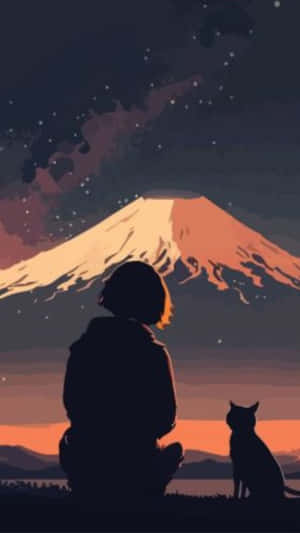 一個人和一隻貓坐在發光的山前面，背景是繁星點點的天空 — 手機 壁紙