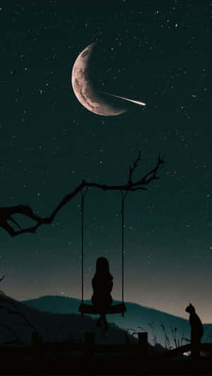 夜晚，人和貓在月牙和流星下的鞦韆上。 — 烈咬陸鯊 壁紙