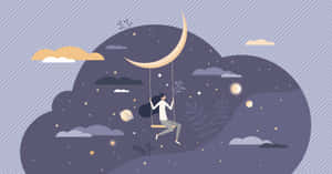 一個人在佈滿星星的夜空中，伴隨雲朵和行星，在新月上搖盪。 — 沙漠太陽 壁紙