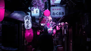 一個人在夜晚穿過狹窄的日本小巷，在粉紅色燈籠和櫻花下行走。 — 東京 壁紙