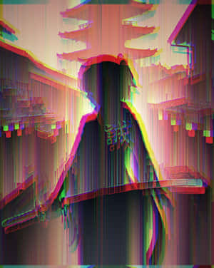故障藝術剪影，一個武士在塔前手持武士刀。 — 故障 壁紙