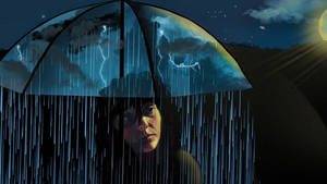 人在暴風雨夜晚撐傘，伴隨閃電和雨水。 — 孤獨 壁紙