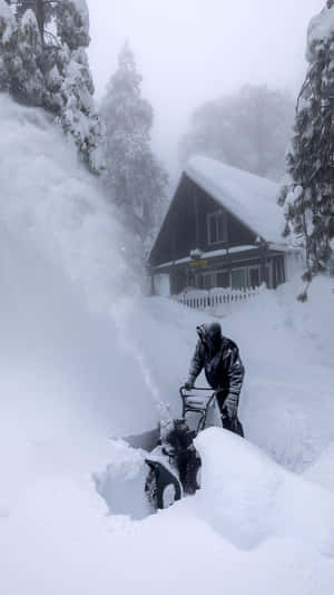 在雪地森林的小屋附近，用吹雪機清理積雪的人。 — 冬季房屋 壁紙