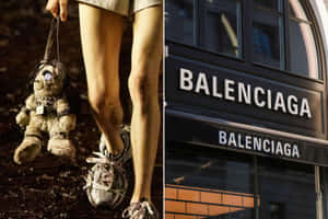 一個人拿著破舊的泰迪熊走過 Balenciaga 商店。 — 巴黎世家 壁紙