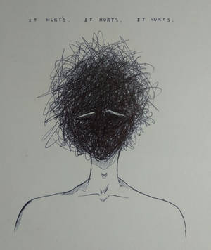 一個有塗鴉頭的人物，上面有文字 'IT HURTS, IT HURTS, IT HURTS'。 — 痛苦語錄 壁紙