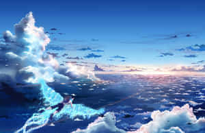 動漫角色在日落時沿著發光軌跡在雲層上方飛行。 — 精細 壁紙