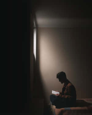 人在昏暗房間中坐在床上，在窗光下讀信。 — 閱讀 壁紙