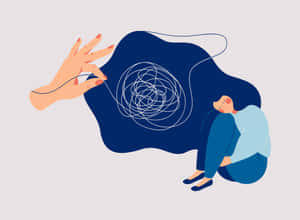 一個人蜷縮坐著，一隻手從上方暗雲中拉扯纏結的線。 — 悲傷女孩 壁紙