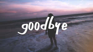 日落時分站在海浪中的人，帶有goodbye文字 — 再見 壁紙