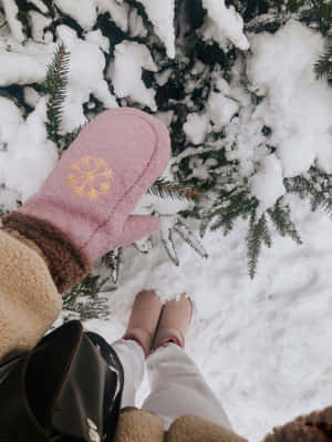 穿著帶有金色雪花的粉紅色手套和靴子的人站在積雪的松樹枝上。 — 酷寒冬季 壁紙
