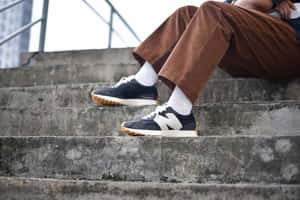 穿著運動鞋的人坐在城市環境中的混凝土樓梯上。 — New Balance 壁紙