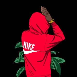 穿著紅色Nike連帽衫、雙手放在腦後的人，被綠葉環繞。 — 可愛卡通 壁紙