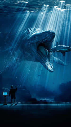 在水族館展覽中觀察巨型史前海洋生物的人 — 侏羅紀世界：統霸天下 壁紙