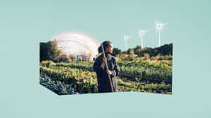 一個人在菜園中手持鋤頭，背景有測地線穹頂和風力渦輪機。 — 鳥類飛翔 壁紙