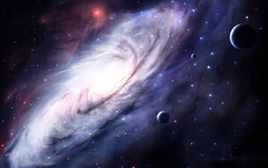 螺旋星系，帶有發光的旋臂和在深空中運行的行星。 — 太空 壁紙