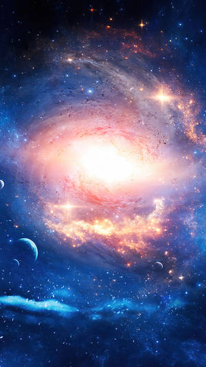 一個充滿活力的螺旋星系，在深空中擁有閃爍的星星和繞行軌道的行星。 — 藍色銀河 壁紙