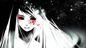 動漫女孩，白髮和紅色飛濺在星空背景上。 — 可愛動漫女孩 壁紙