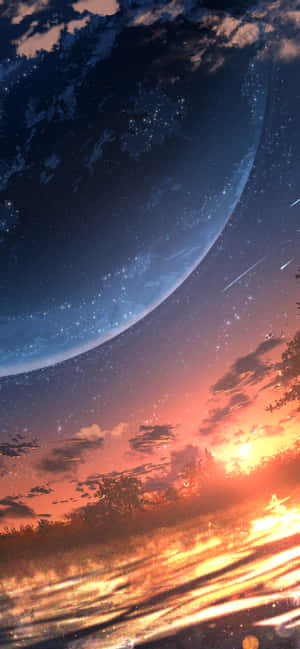 一個在日落時分的行星，星空中有發光的雲和流星。 — Pixel 8 壁紙