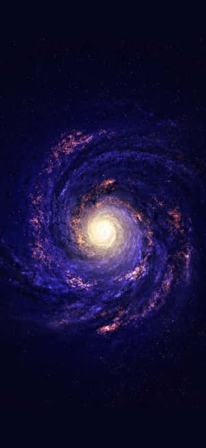 一個充滿活力的螺旋星系，在黑暗的宇宙背景下，帶有紫色旋臂和橙色星團。 — Pixel 8a 壁紙