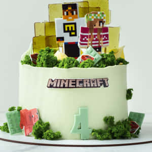 用於生日的Minecraft蛋糕，帶有角色和方塊。 — 蛋糕 壁紙