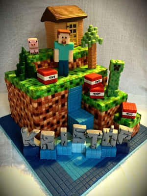 Minecraft蛋糕，上面有Steve、豬、苦力怕、TNT方塊和房子，位於方塊島上，拼出Kristop。 — 蛋糕 壁紙