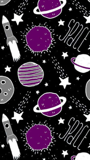 俏皮太空插圖中的紫色行星、火箭和星星。 — 慶祝 壁紙