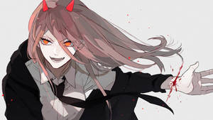 動漫女孩長著紅色角，手上沾血，露出威脅的笑容。 — 鏈鋸人 壁紙