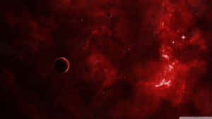 深空中帶有閃爍星星和行星的紅色星雲 — 純紅色 壁紙