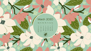 2020年3月日曆，帶有木蘭花和葉子，薄荷背景