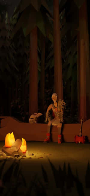 一個冒險者在夜晚的黑暗森林中坐在營火旁。 — iPhone 13 Mini 壁紙