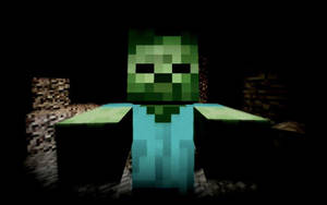 一個來自Minecraft的綠色像素化爬行者，在黑暗洞穴中帶著發光的眼睛。 — 殭屍動圖 壁紙