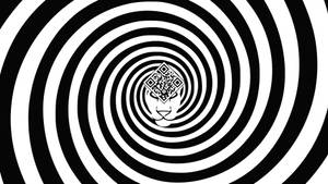 獅子的臉，額頭上有QR碼，位於催眠的黑白螺旋中心。