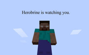 像素化的 Herobrine 角色，文字寫著「Herobrine 正在看著你」，背景為藍色天空和漂浮方塊 — 電玩遊戲 GIF 壁紙